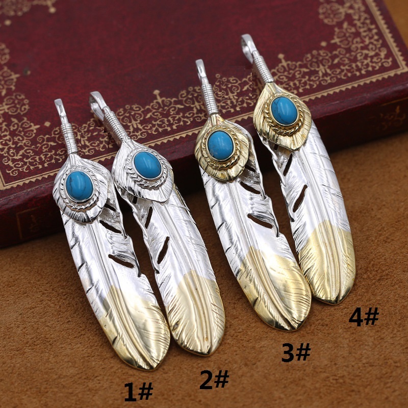 925 sterling silver handmade feather necklace pendant with turqoise stones 2-tone color without chain American European gothic punk style antique silver designer Luxury brand jewelry pendants