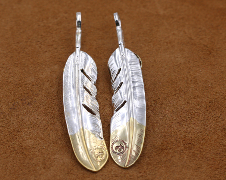 925 sterling silver handmade feather necklace pendant with turqoise stones 2-tone color without chain American European gothic punk style antique silver designer Luxury brand jewelry pendants