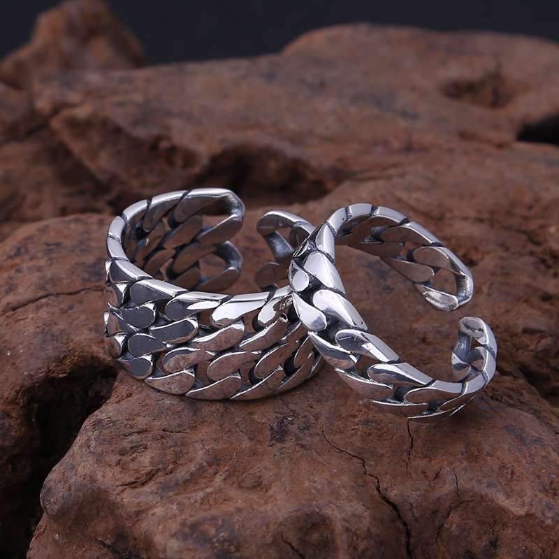 925 sterling silver handmade antique silver chain links braided adjustable rings American Euro gothic vintage jewelry designer couples rings