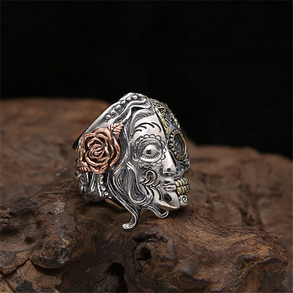 925 sterling silver handmade skull band rings American European gothic punk vintage hip-hop style antique silver deisgner luxury jewelry