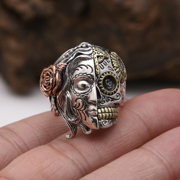 925 sterling silver handmade skull band rings American European gothic punk vintage hip-hop style antique silver deisgner luxury jewelry