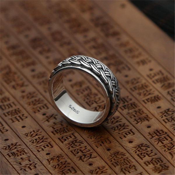 925 sterling silver handmade band rings with braided texture American European punk vintage hip-hop style antique silver deisgner luxury jewelry