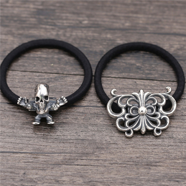 925 sterling silver hair jewelry skull butterfly designer hair accessories antique silver American European pony tails holders rubber bands rope