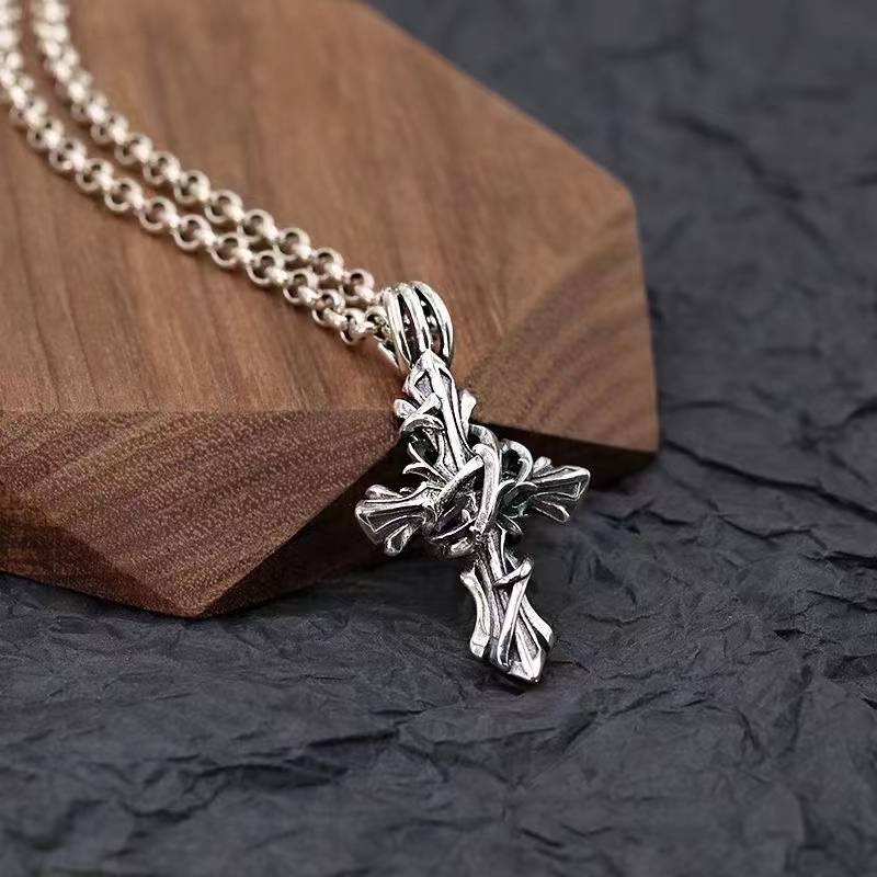 925 sterling silver cross pendant Tangled with vines  American European gothic punk style antique vintage luxury jewelry accessories gifts