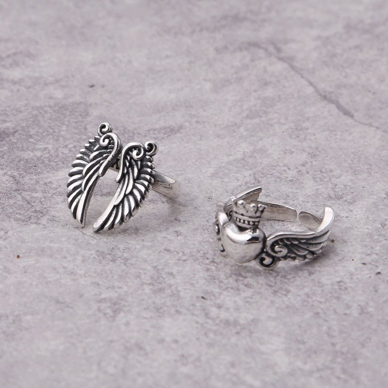 925 sterling silver wings and heart adjustable rings American European Gothic punk style antique designer luxury brand jewelry gifts