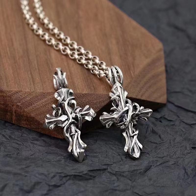 925 sterling silver cross pendant Tangled with vines  American European gothic punk style antique vintage luxury jewelry accessories gifts