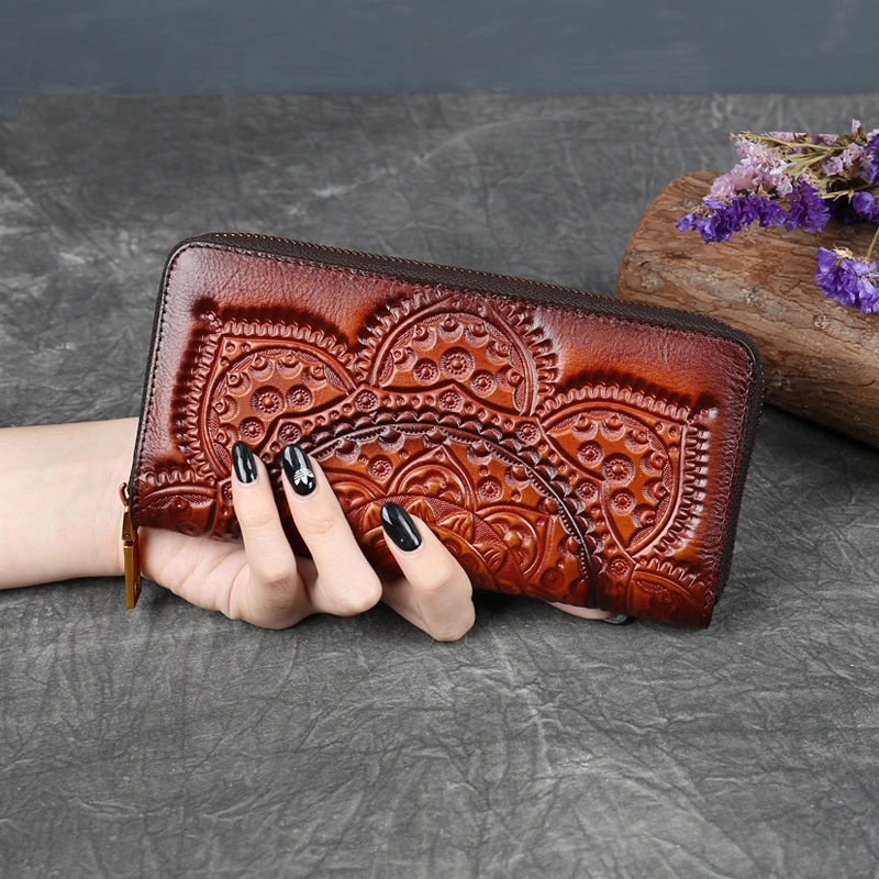 Luxury Women's fashion real leather purse handbag embossed zipper wallet retro vintage style