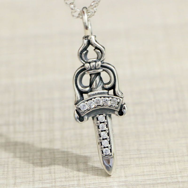 925 sterling silver sword dagger necklace pendants with white stones American European vintage antique  Luxury jewelry accessories