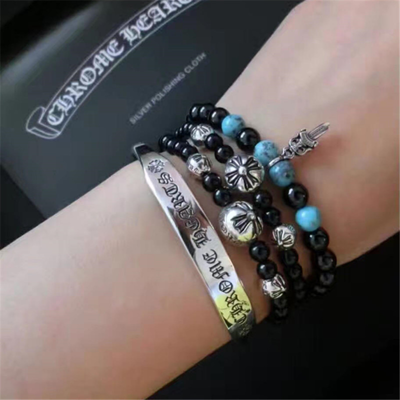 Beaded elastic bracelets with 925 sterling silver crosses beads punk gothic fine jewelry accessories