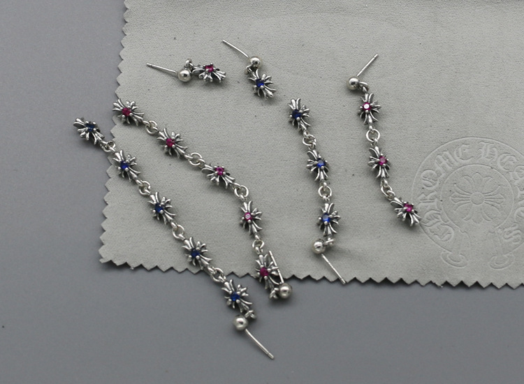 925 sterling silver crosses tassel stud earrings with red blue stones gothic punk style antique designer jewelry luxury accessories