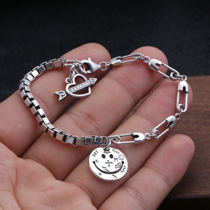 925 sterling silver link chain bracelets with heart smile face charms antique gothic punk jewelry accessories lobster clasps