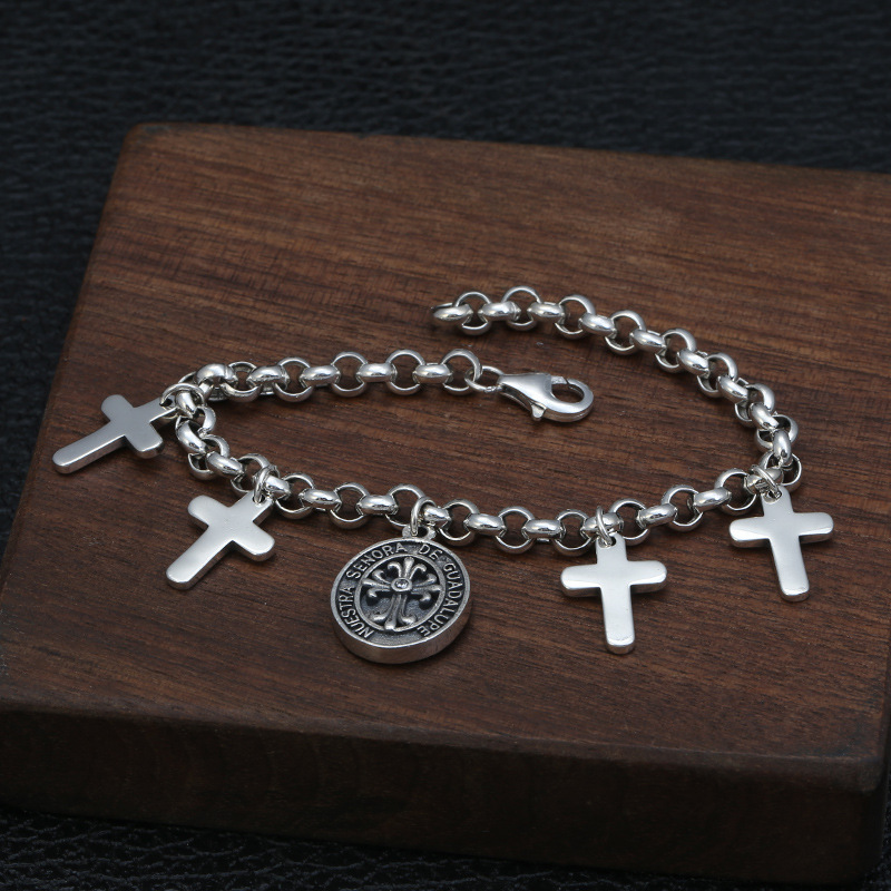 925 sterling silver link chain bracelets with crosses charms antique gothic punk jewelry accessories with lobster clasps