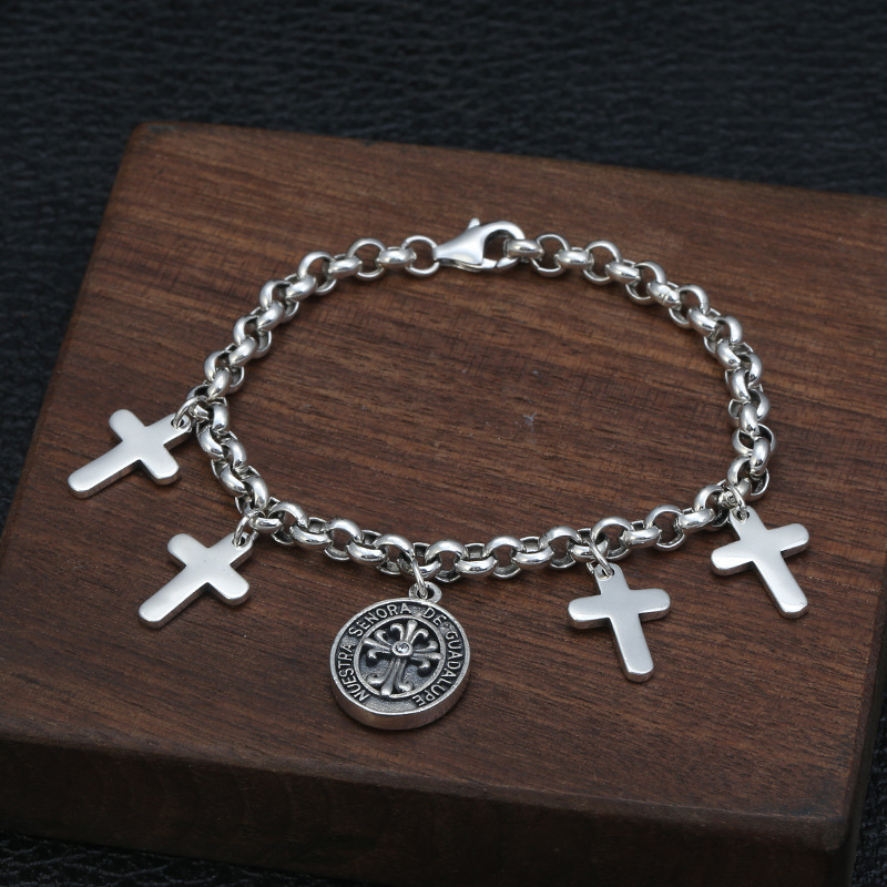 925 sterling silver link chain bracelets with crosses charms antique gothic punk jewelry accessories with lobster clasps