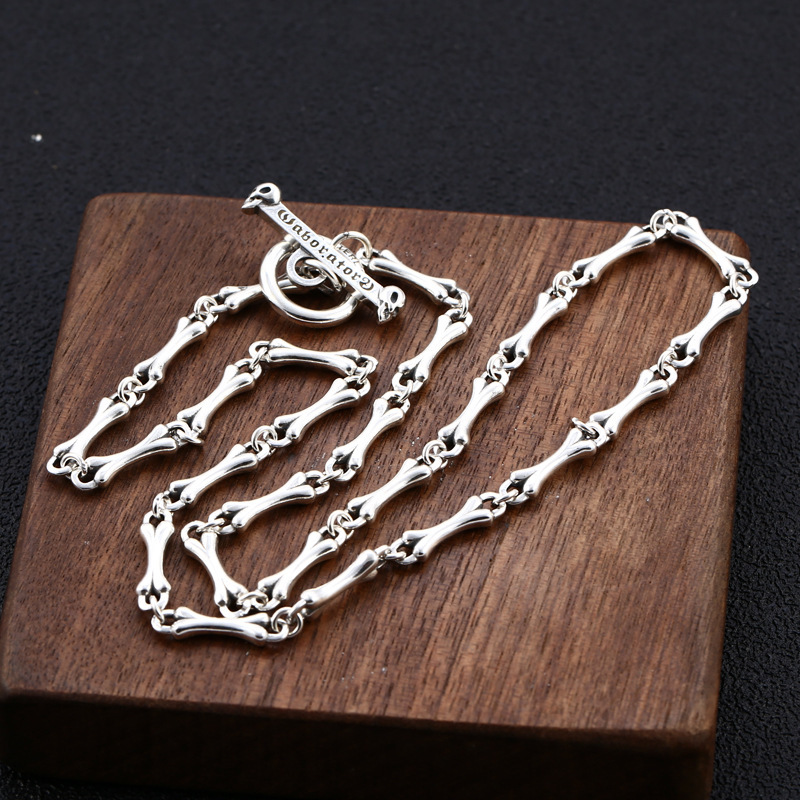 925 sterling silver bones charms link chain men's necklaces gothic punk style antique vintage luxury jewelry accessories gifts