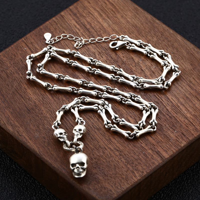 925 sterling silver skull skeleton bones link chain pendant necklaces gothic punk hiphop antique vintage luxury jewelry accessories gifts