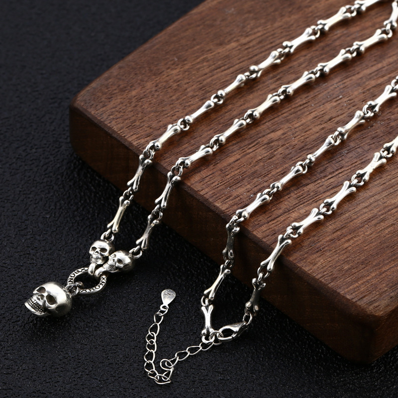 925 sterling silver skull skeleton bones link chain pendant necklaces gothic punk hiphop antique vintage luxury jewelry accessories gifts