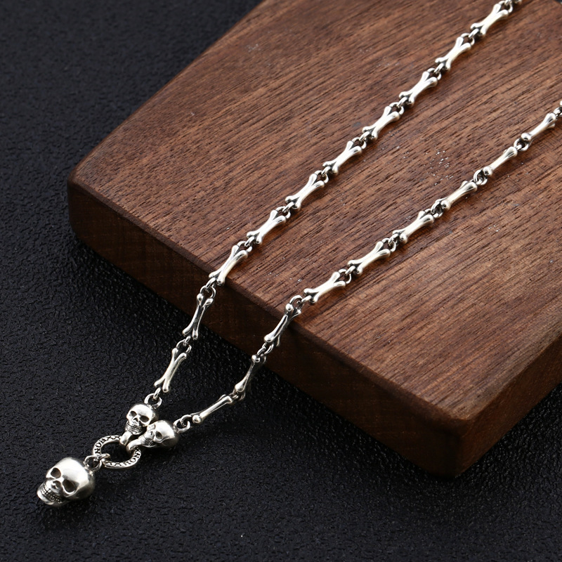 925 sterling silver skull skeleton bones link chain pendant necklaces gothic punk hiphop antique vintage luxury jewelry accessories gifts