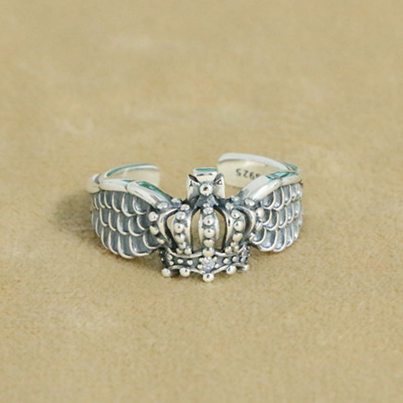 925 sterling silver crown wings adjustable band rings antique handmade vintage punk hip-hop Luxury jewelry accessories