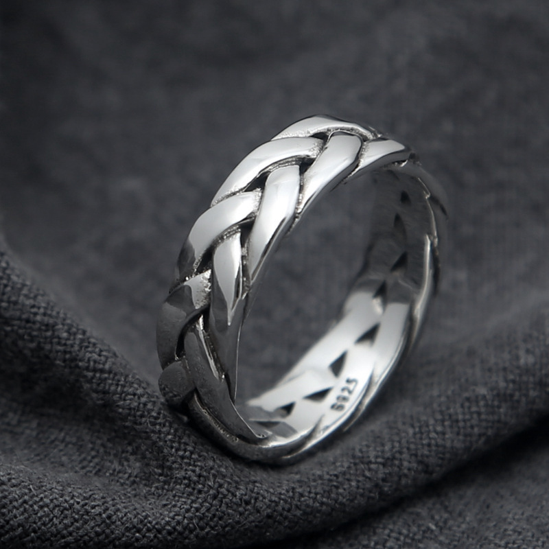 925 sterling silver smooth braided texture band rings antique handmade vintage punk hip-hop Luxury jewelry accessories