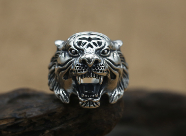 925 sterling silver angry tiger head adjustable rings antique vintage punk hip-hop Luxury jewelry accessories