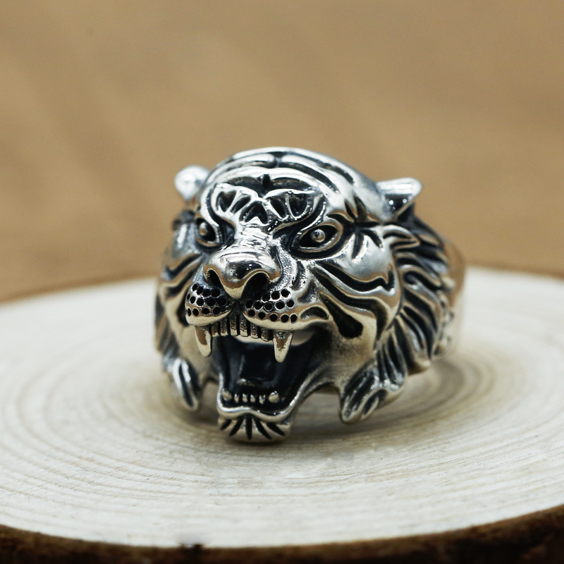 925 sterling silver angry tiger head adjustable rings antique vintage punk hip-hop Luxury jewelry accessories