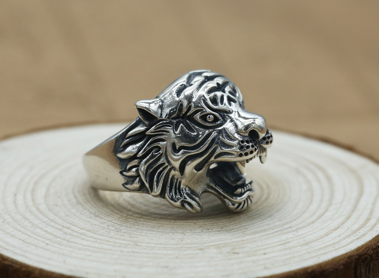 925 sterling silver angry tiger head adjustable rings antique vintage punk hip-hop Luxury jewelry accessories
