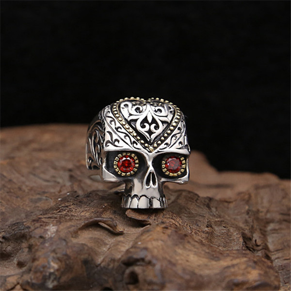 925 sterling silver skull skeleton band rings with red stones antique vintage punk hip-hop Luxury jewelry accessories