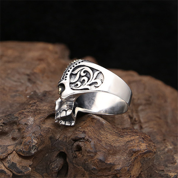925 sterling silver skull skeleton band rings with red stones antique vintage punk hip-hop Luxury jewelry accessories