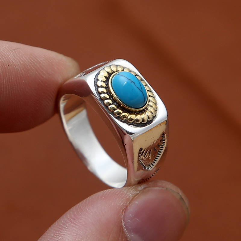 925 sterling silver band rings with turquoise stone antique vintage punk hip-hop Luxury jewelry accessories