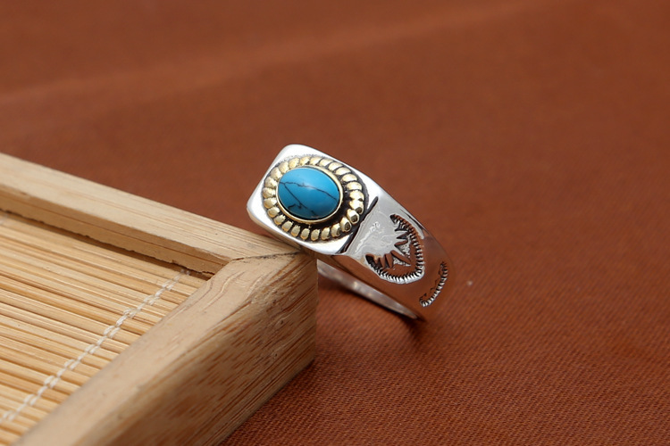 925 sterling silver band rings with turquoise stone antique vintage punk hip-hop Luxury jewelry accessories