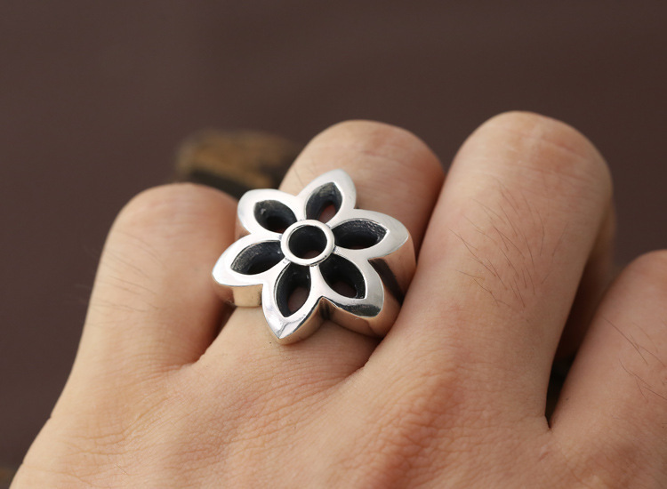 925 sterling silver hollowed flower band rings  American antique handmade vintage punk hip-hop Luxury jewelry accessories