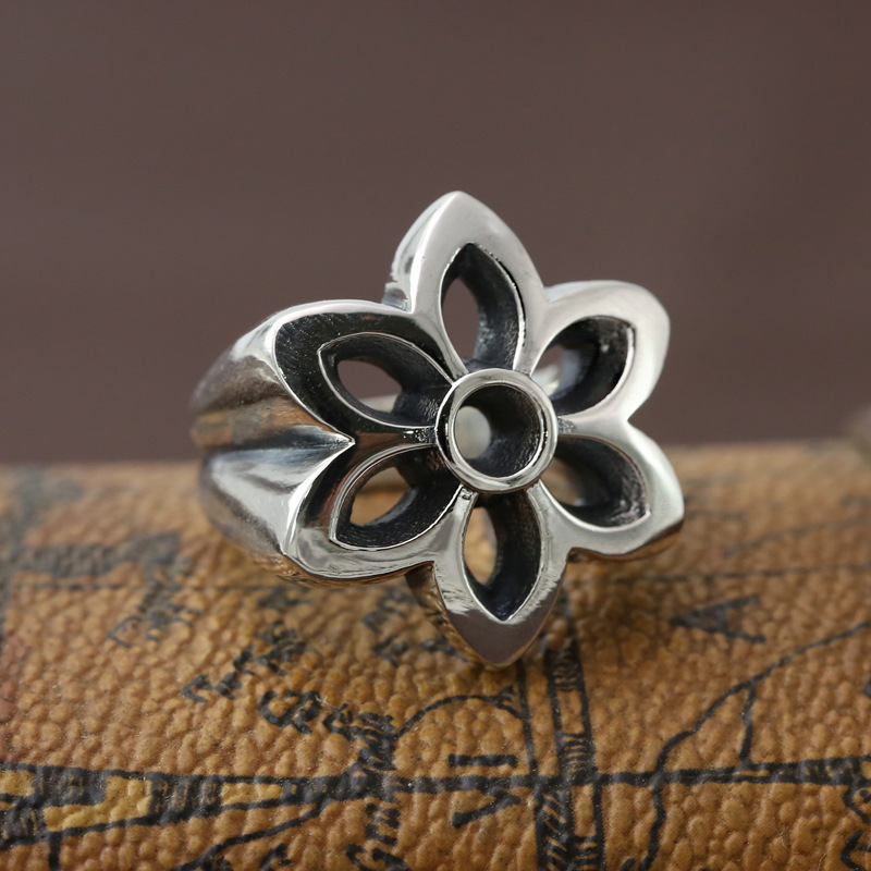 925 sterling silver hollowed flower band rings  American antique handmade vintage punk hip-hop Luxury jewelry accessories