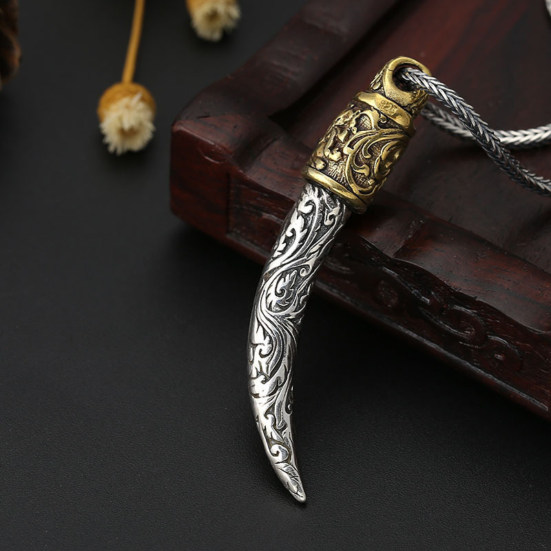 925 sterling silver wolf tooth necklace pendants relievo textures vintage gothic punk antique designer Luxury jewelry accessories