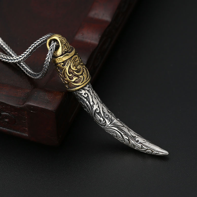 925 sterling silver wolf tooth necklace pendants relievo textures vintage gothic punk antique designer Luxury jewelry accessories