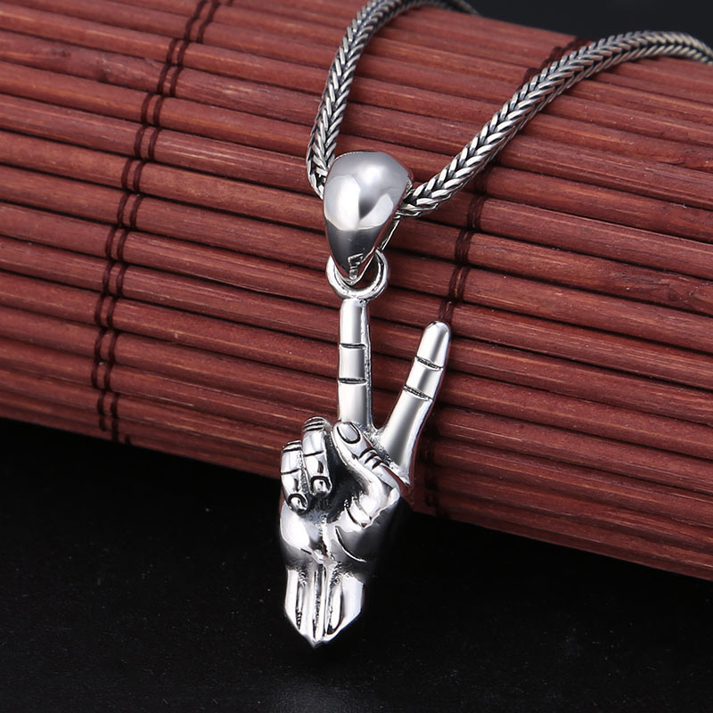 925 sterling silver victory sign Gestures necklace pendants vintage gothic punk antique designer Luxury jewelry accessories
