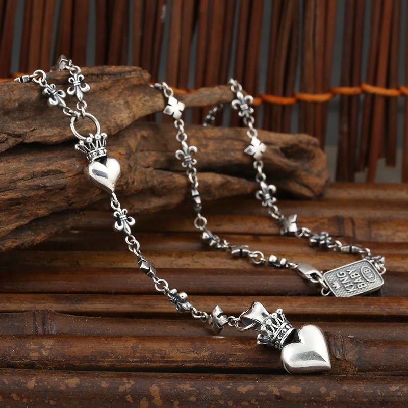 925 Sterling Silver Crown Heart Link Chain Necklace Vintage Gothic Punk Antique Designer Luxury Jewelry Accessories