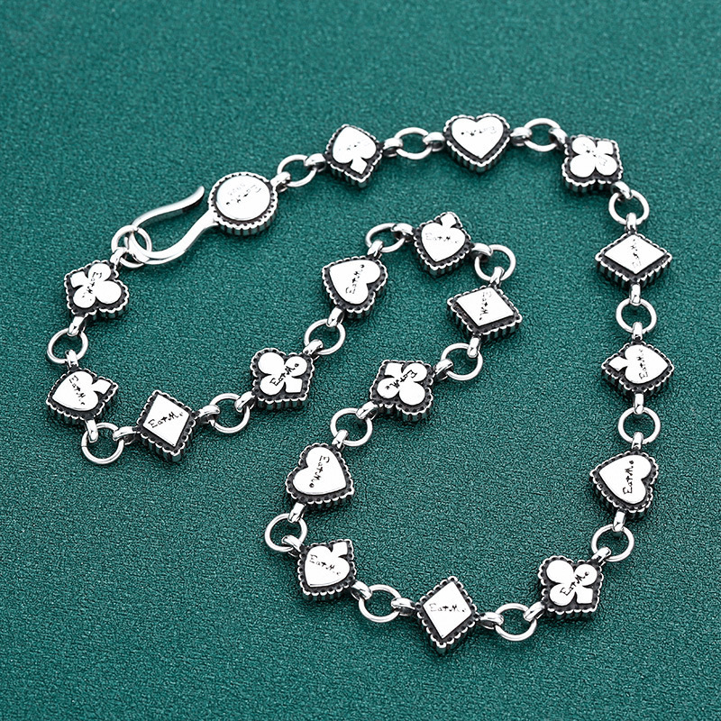 925 Sterling Silver Handmade Link Chain Necklaces Poker Card  Hearts Diamond shape