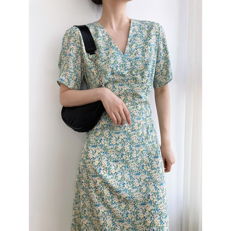 Women's Chiffon Narrow Waist V-neck Floral Dress Summer French Retro Tea Break Skirt