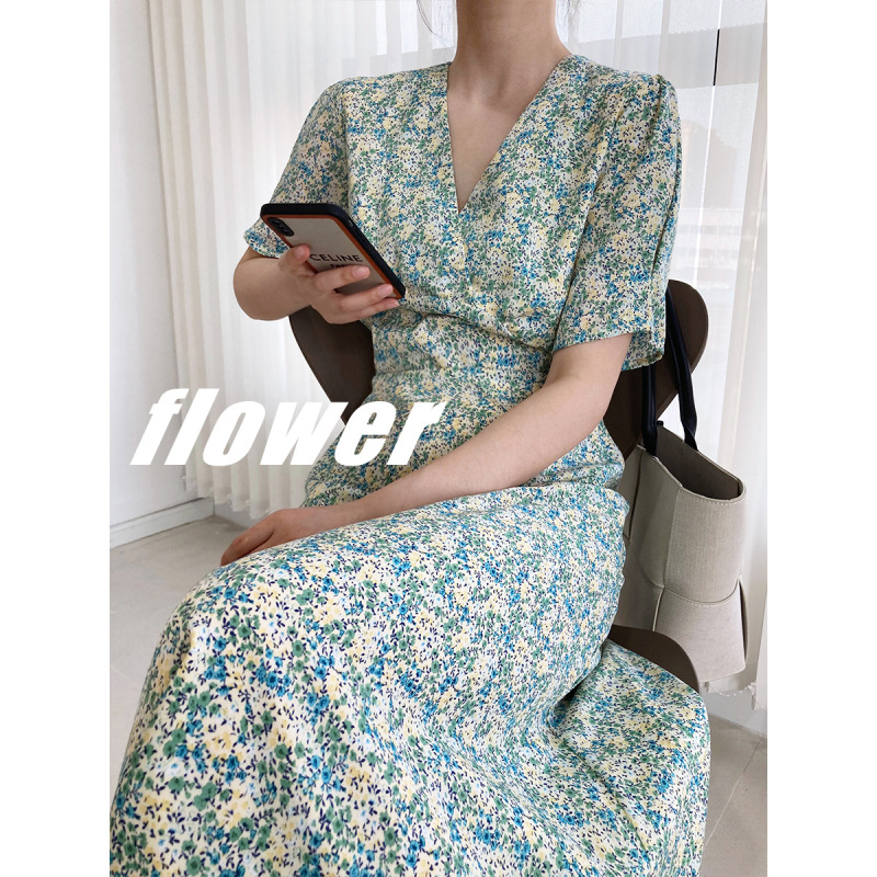 Women's Chiffon Narrow Waist V-neck Floral Dress Summer French Retro Tea Break Skirt