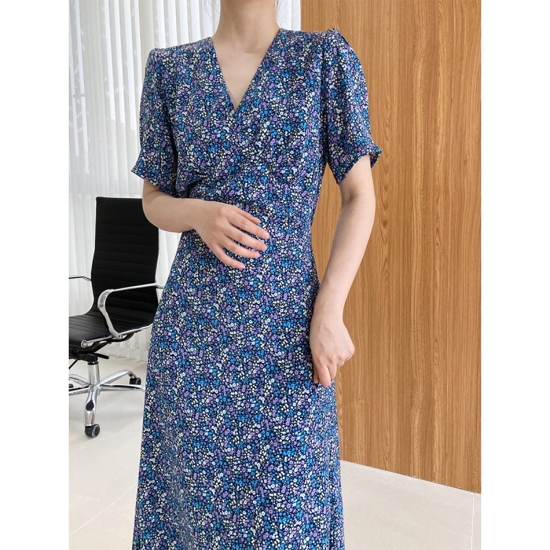 Women's Chiffon Narrow Waist V-neck Floral Dress Summer French Retro Tea Break Skirt