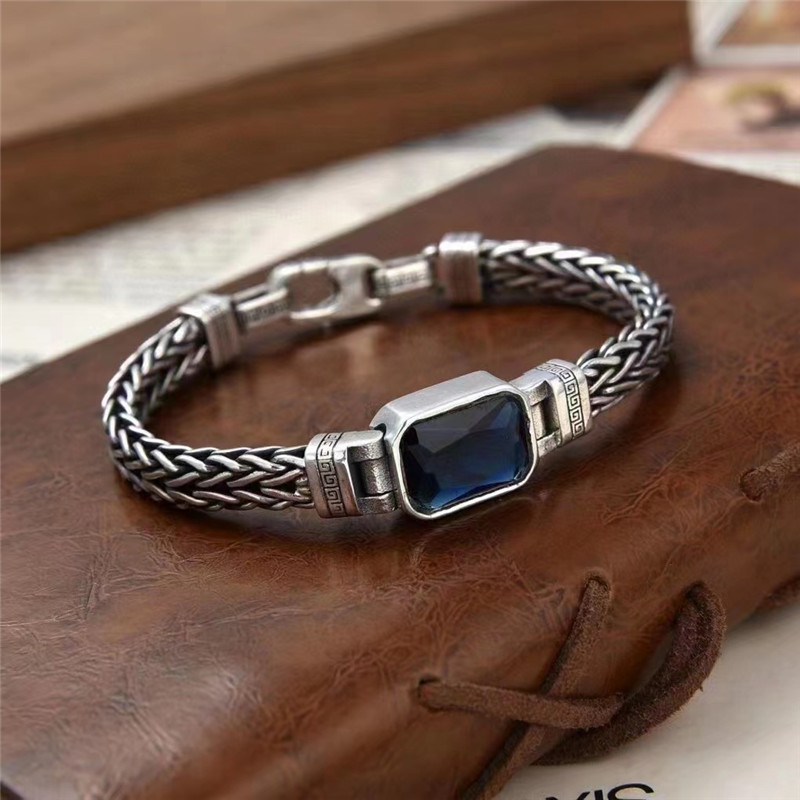 925 Sterling Silver Chain Bracelets With Blue Stone Gothic Punk Jewelry Accessories Lobster Clasps