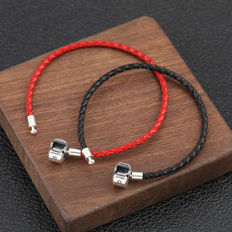 Braided Leather Cord Bracelets Red And Black Gothic Punk Jewelry Accessories With Sterling Silver Clasps