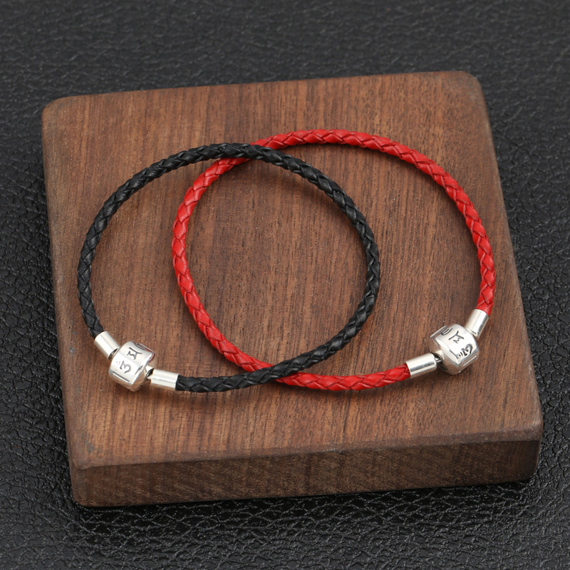 Braided Leather Cord Bracelets Red And Black Gothic Punk Jewelry Accessories With Sterling Silver Clasps