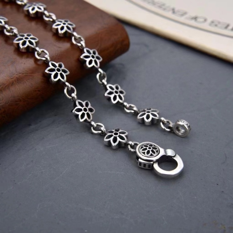 925 Sterling Silver Flower Link Chain Necklaces Vintage Gothic Punk Hiphop Antique Designer Luxury Jewelry Accessories