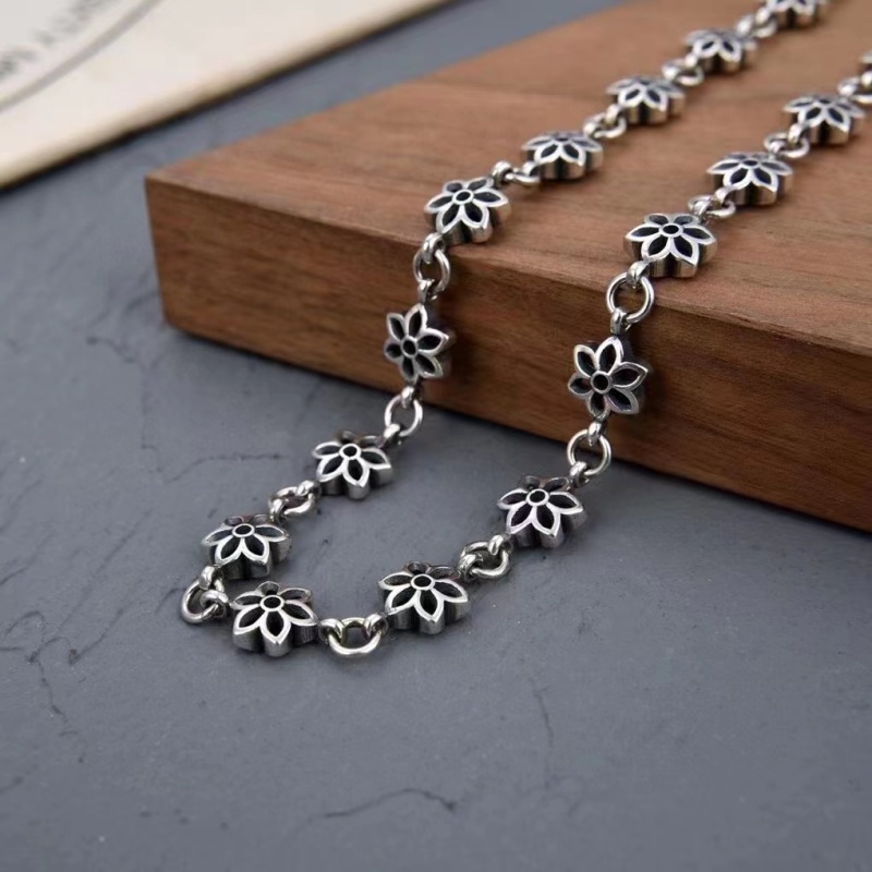 925 Sterling Silver Flower Link Chain Necklaces Vintage Gothic Punk Hiphop Antique Designer Luxury Jewelry Accessories