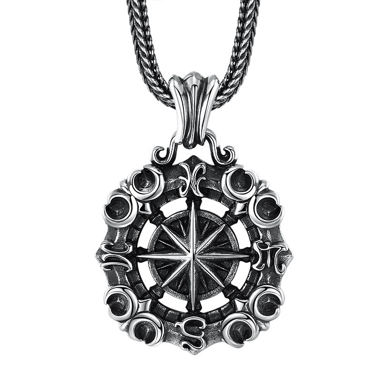 925 Sterling Silver Compass Pendant Necklaces Vintage Gothic Punk Hiphop Antique Designer Luxury Jewelry Accessories