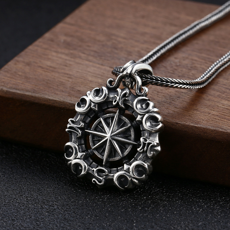 925 Sterling Silver Compass Pendant Necklaces Vintage Gothic Punk Hiphop Antique Designer Luxury Jewelry Accessories