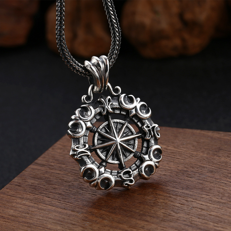 925 Sterling Silver Compass Pendant Necklaces Vintage Gothic Punk Hiphop Antique Designer Luxury Jewelry Accessories