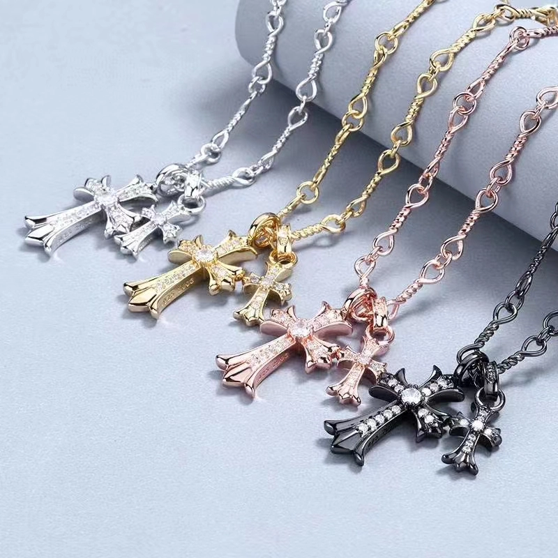 Double Cross Pendant Necklaces With Crystal Stones Vintage Gothic Punk Hiphop Antique Designer Luxury Jewelry Accessories