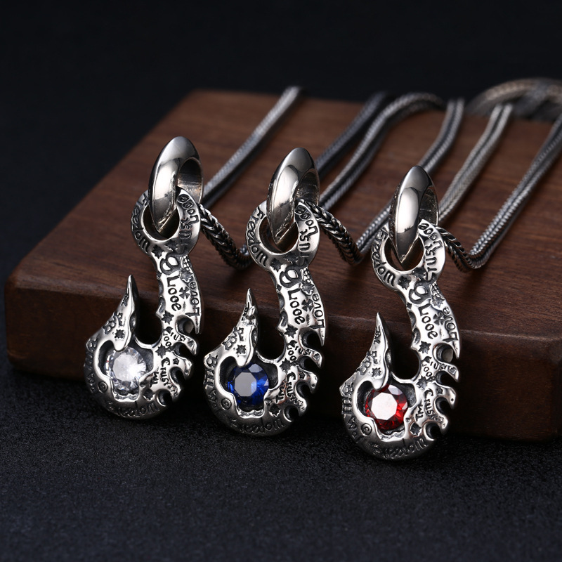 925 Sterling Silver Graffiti Hook Pendant Necklaces With Stone Vintage Gothic Punk Hiphop Antique Designer Luxury Jewelry Accessories